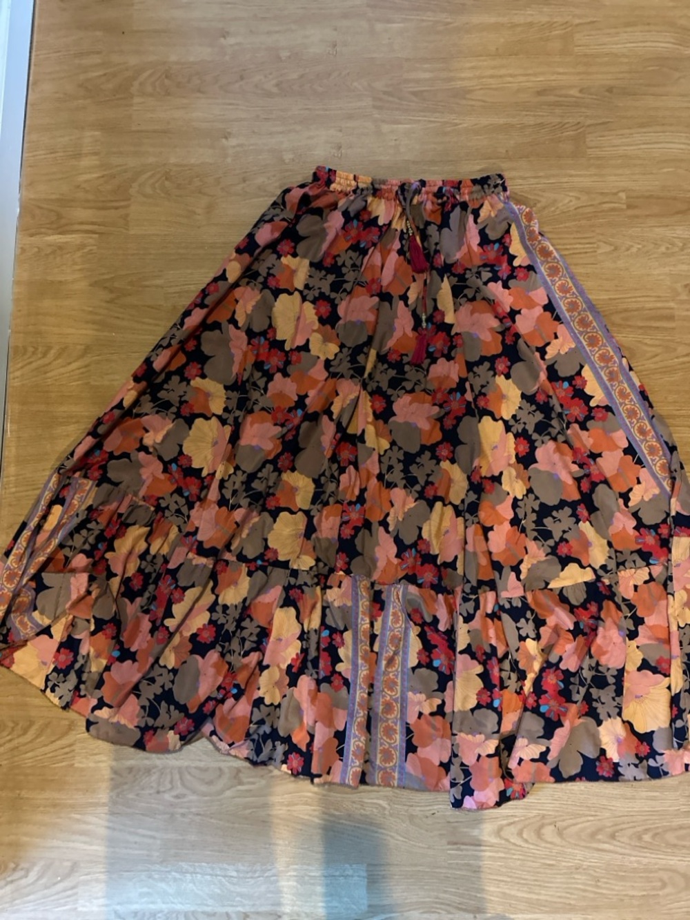 Floral Maxi Skirt in Navy with Peach & Pink Blooms